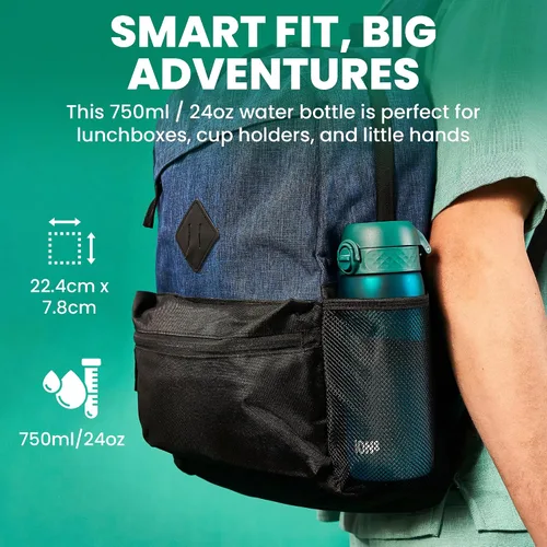 Vista 4 de Ion8 Botella de agua a prueba de fugas, 25.4 fl oz/24 onzas, color azul aguamarina, polímero reciclador resistente al olor sin BPA con tapa abatible