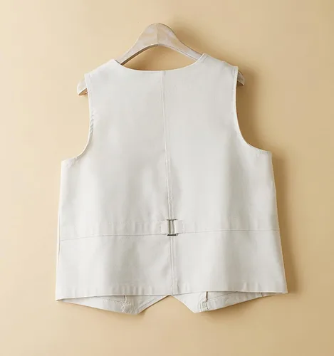 Vista 6 de Chaleco de lino de algodón para mujer, casual, sin mangas, con cuello en V, chaqueta con bolsillos