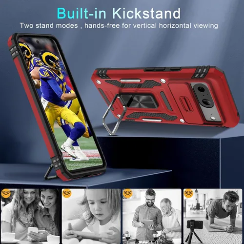 Vista 4 de DEERLAMN Funda para Google Pixel 8 con cubierta deslizante para cámara + protector de pantalla (1 paquete), soporte de anillo giratorio grado