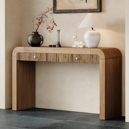 Vista 16 de Knocbel Mesa consola con 2 cajones ranurados, mesas de sofá modernas con curvas redondeadas únicas y superficie lisa para sala de estar, entrada, 55