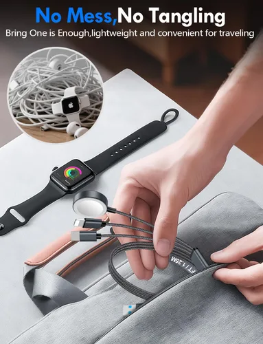 Vista 9 de Esenciales de viaje para cargador de Apple Watch, cargador de iPhone, cable de carga múltiple 3 en 2, tipo C, Lightning/cable magnético de carga