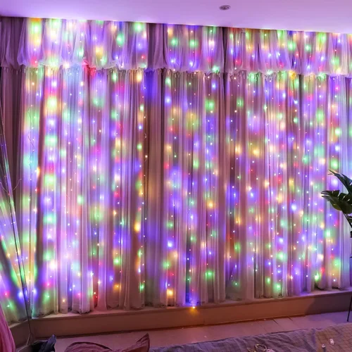 Vista 9 de HXWEIYE 300 luces LED de cortina sin enredos, 9.8 x 9.8 pies, USB, control Blanco cálido