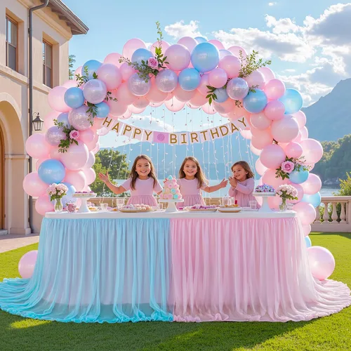 Vista 2 de Falda de mesa de revelación de género, falda tutú de tul rosa y azul de 9 pies para revelación de género para niños o niñas, fiesta de cumpleaños