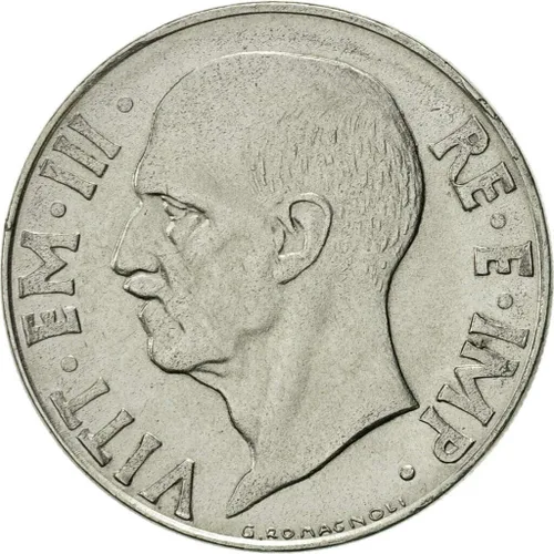 Vista 2 de 1939-1942 Moneda italiana de la era de Mussolini de la Segunda Guerra Mundial durante el gobierno fascista de 20 centesimi en condición circulada