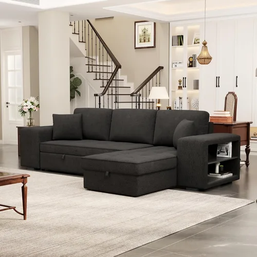 Vista 3 de P PURLOVE Sofá modular con sofá cama extraíble, sofá cama de felpilla en forma de L de 3 plazas con ruedas, diván de almacenamiento y 2 taburetes