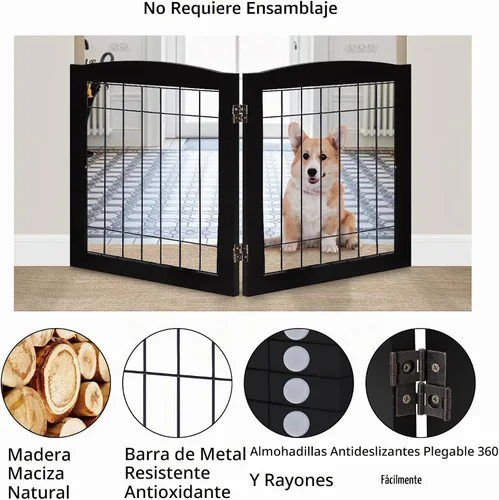 Vista 3 de LZRS Puerta plegable independiente de madera para perros de 2 paneles, madera maciza y alambre de acero, barrera para mascotas resistente a las Negro