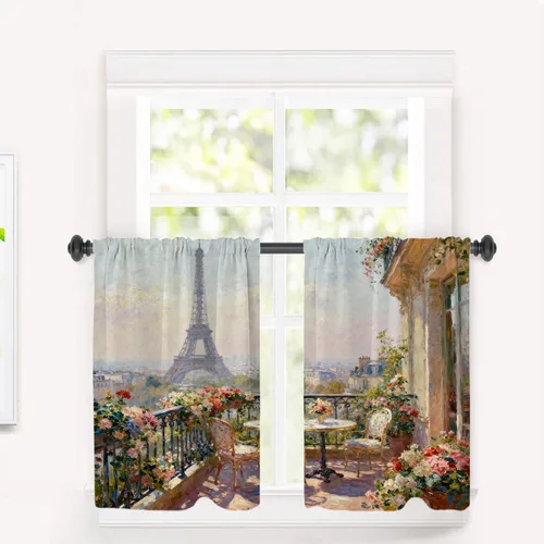Vista 10 de Cortinas opacas de cocina con pintura al óleo de Europa rosa y negra para ventanas, cenefas opacas modernas de torre Eiffel de poliéster multicapa