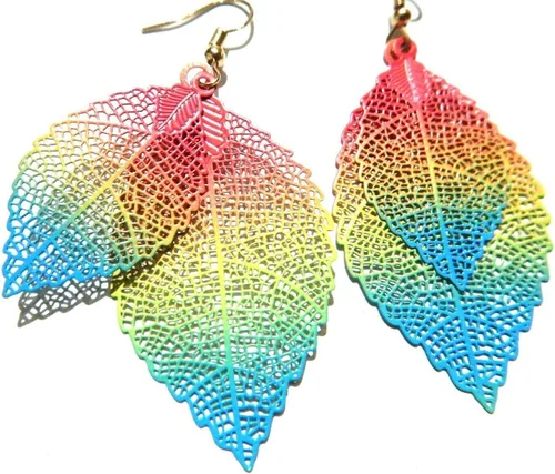 Vista 2 de Pendientes de hoja de arco iris de neón con vena esquelética de filigrana de metal recortada hojas huecas brillantes de árbol ombre, Metal, Pintura