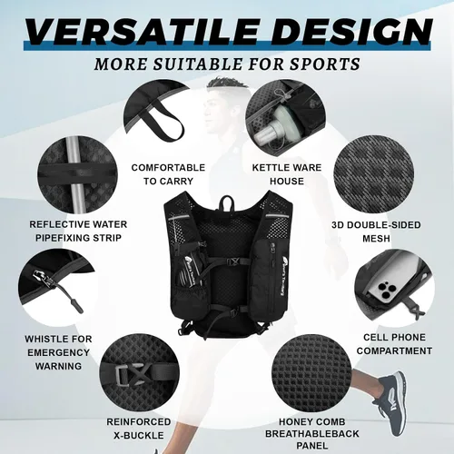 Vista 5 de Mochila de hidratación con 2 vejigas de agua de 2 litros, mochila de agua ligera para senderismo, chaleco de hidratación con 2 muñequeras y 1 banda