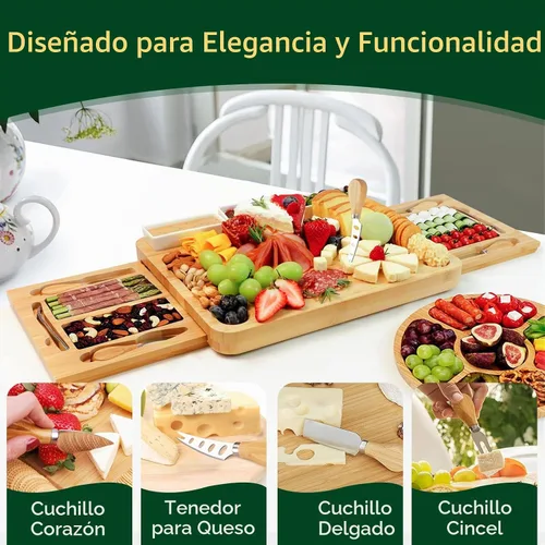 Vista 3 de YZS - Juego de tabla de charcutería, juego de tabla de queso y cuchillo con bandeja de queso, plato grande de bambú para queso y carne, regalo