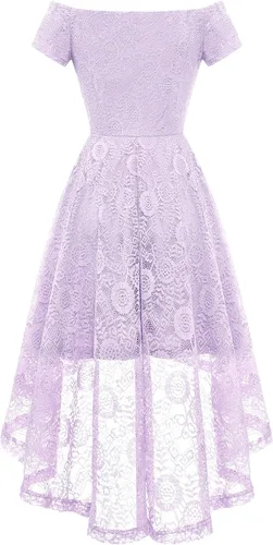 Vista 4 de Dressystar Vestido de patinadora de cóctel de manga corta con hombros descubiertos para mujer, vestido de encaje floral acampanado para fiesta