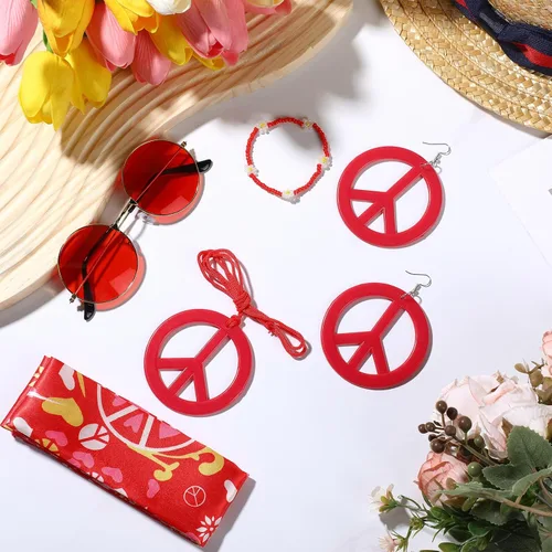 Vista 4 de Batiyeer 6 piezas de accesorios hippie para mujer, aretes bohemios con signo de la paz de los años 60 y 70, trajes para mujer, recuerdo de fiesta