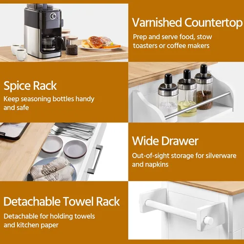 Vista 6 de Yaheetech - Carrito de isla de cocina de 32 pulgadas de ancho con almacenamiento, estante ajustable, color blanco Small Kitchen Island on Wheels