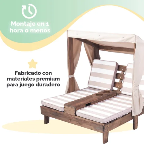 Vista 5 de KidKraft Tumbona doble de madera para exteriores con portavasos, muebles de patio para niños o mascotas, espresso con avena y tela a rayas blancas