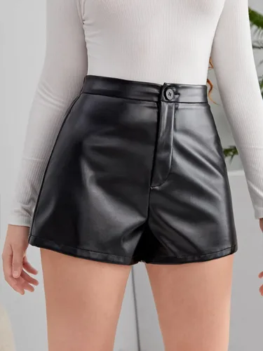 Vista 4 de WDIRARA Pantalones cortos casuales de cintura alta con botones de piel sintética para niña