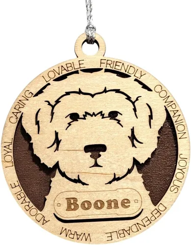 Vista 33 de Adorno de Navidad personalizado para perro Cavalier King Charles Spaniel, redondo de 3 pulgadas, madera cortada con láser de 2 capas, nombre y texto