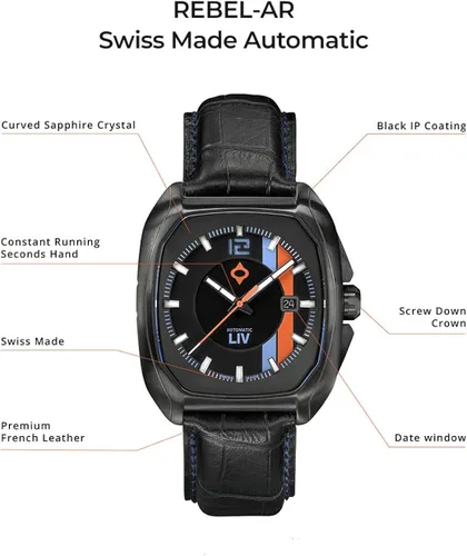 Vista 6 de LIV Rebel-AR Swiss Automatic Elaboré Grade, 26-Jewel Movement - 42.0 mm Rectangular Curved Case- IP Surgical Grade 316L Stainless Steel-Multi-Layer