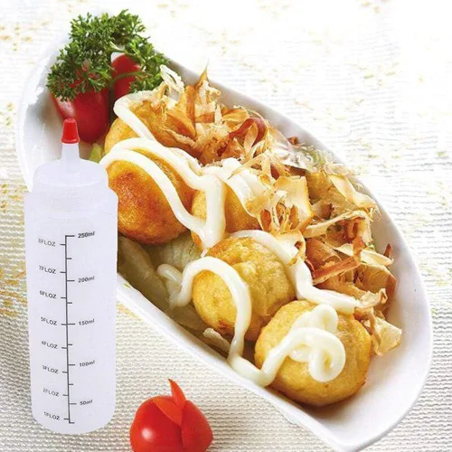 Vista 2 de Botellas de condimentos exprimibles de 8.5 fl oz/8.80Z, botellas exprimibles para salsas, botella medidora pequeña con boquilla, dispensación
