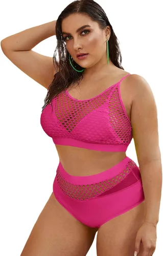 Vista 3 de Floerns - Conjunto de bikini de cintura alta y parte superior de red talla extragrande para mujer