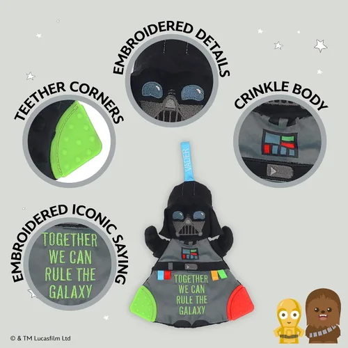 Vista 3 de Kids Preferred Star Wars Darth Vader - Mordedor para bebé, juguete de peluche con sonidos arrugados y elementos de dentición de silicona
