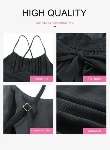 Vista 5 de Dokotoo Vestidos de tirantes delgados para mujer, cuello redondo, lazo, sin mangas, cintura elástica, dobladillo con volantes, acampanado