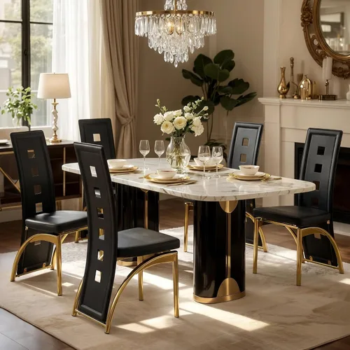 Vista 3 de Juego de 2 sillas de comedor modernas, juego de 2 sillas de comedor negras, sillas de cocina tapizadas de piel sintética con patas de metal dorado