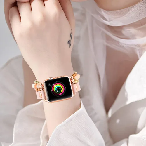 Vista 6 de fastgo Correa de cuero compatible con Apple Watch de 1.77, 1.73, 1.65 y 1.73 pulgadas, correa elástica con cuentas para mujer, correa elástica