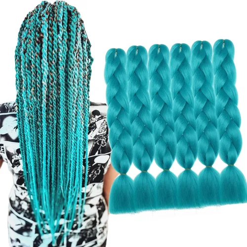 Vista 7 de 3 paquetes de extensiones de cabello sintético para trenzas de 24 pulgadas, color verde azulado, cabello trenzado jumbo para festivales coloridos