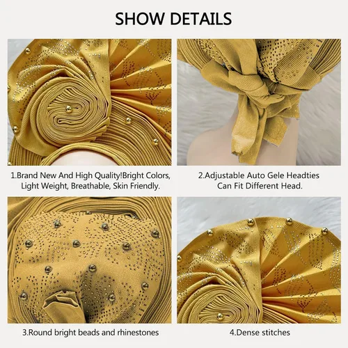 Vista 3 de Diadema de lujo nigeriana Aso Oke, tocados africanos para mujeres, diademas para cabeza, turbante, gorro de gel automático, pañuelo para fiesta