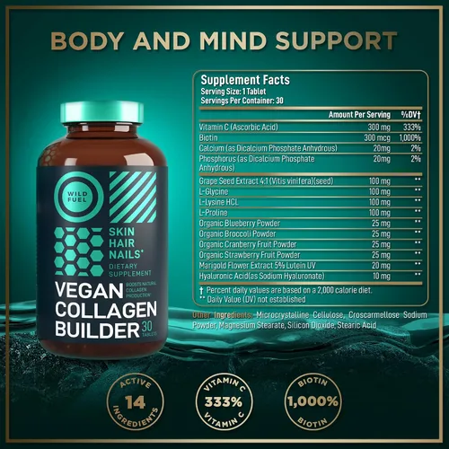 Vista 3 de WILD FUEL Creador de colágeno vegano – Biotina, superalimento orgánico, aminoácidos glicina, lisina, prolina suplementos de colágeno a base