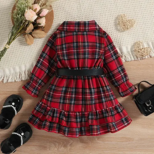 Vista 7 de Conjunto de cinturón de vestir de manga larga con volantes y estampado a cuadros para niñas pequeñas rojo 4-5 años