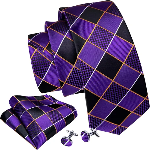 Vista 2 de Barry.Wang Juego de corbatas a cuadros para hombre con pañuelo gemelos de rayas clásicas