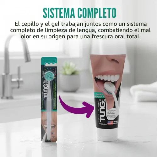 Vista 6 de Tung Kit de limpieza de lengua, cepillo y gel Tung, eliminador de olores para el mal aliento, defensa contra la halitosis, fabricado en Estados