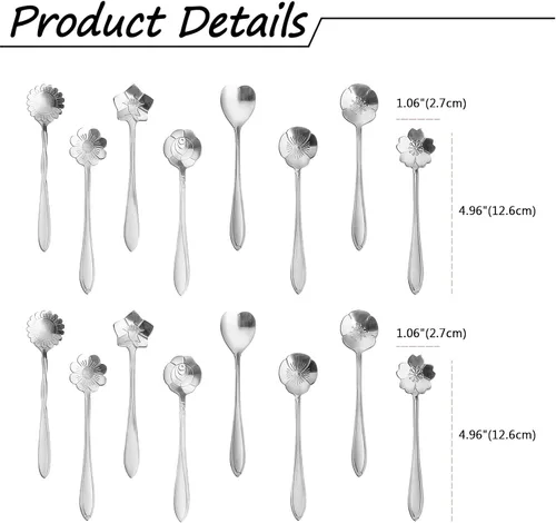 Vista 6 de NMQLX Juego de cucharas de postre, 6-16 cucharas de acero inoxidable con forma de flor de 7 pulgadas, cuchara de frutas para helado para el hogar
