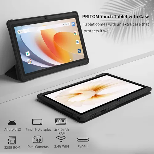 Vista 2 de PRITOM K7PRO Tablet de 7 pulgadas con funda de 32 GB - Tablet PC Android 13 con procesador de cuatro núcleos, pantalla HD IPS, cámara dual, WiFi