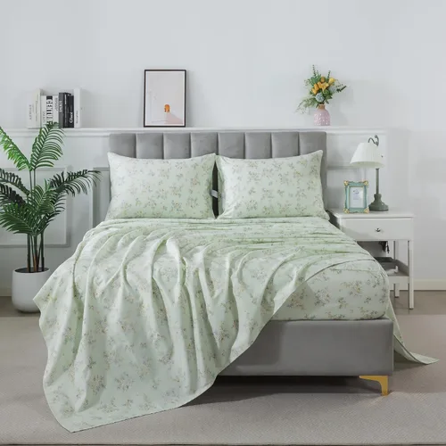 Vista 38 de FADFAY Juego de sábanas tamaño King, sábanas de algodón percal rosa floral con bolsillo profundo, ropa de cama vintage lujosa azul con estampado