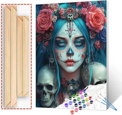 Vista 21 de Tucocoo Decoración del Día de los Muertos, pintura por números, esqueleto para parejas, pintura por números sobre lienzo con pinceles y pigmento