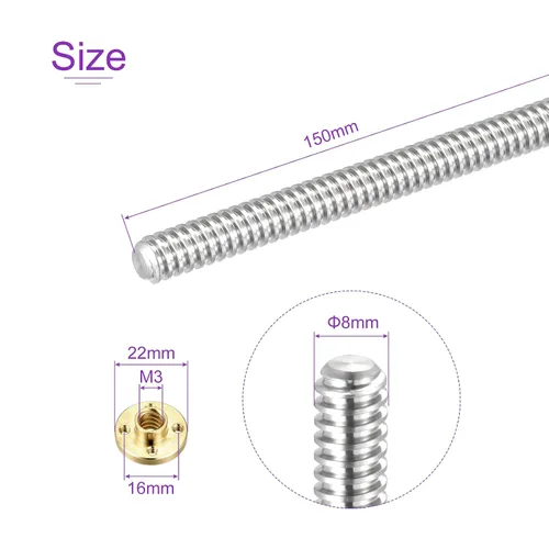 Vista 3 de DMiotech 5.906 in completamente rosca varilla T8x2mm tornillo de plomo con tuerca de latón kit para impresora 3D, máquina CNC