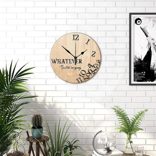 Vista 5 de Reloj de pared de 10 pulgadas, de grano de madera rústica, divertido con texto en inglés "Whatever I'm Late Anyways", reloj de pared vintage