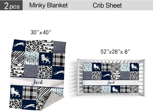 Vista 4 de Wild Animals - Juego de ropa de cama personalizado para cuna de bebé, juego de 2 piezas, edredón con nombre y sábanas bajeras animales salvajes