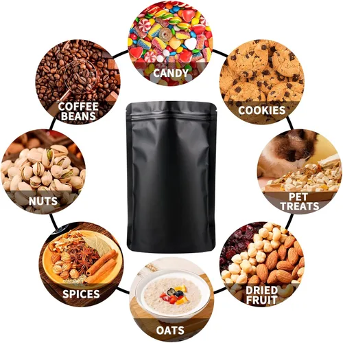 Vista 5 de 100 paquetes de bolsas de mylar a prueba de olores resellables, bolsas de pie negras con sello de aluminio para embalaje, 3.9×5.9 pulgadas