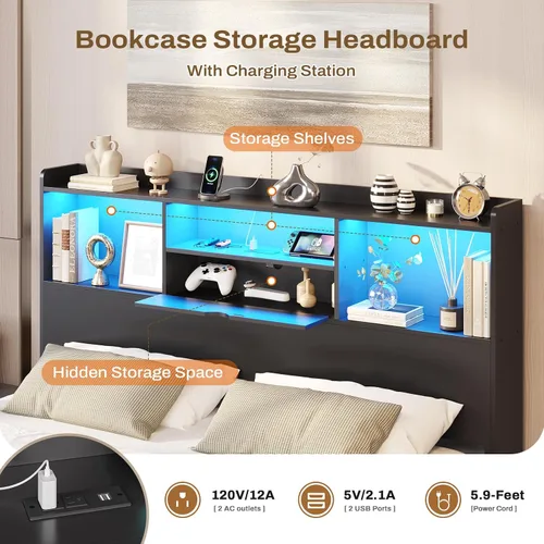 Vista 3 de DICTAC Base de cama flotante matrimonial con luces LED y cabecera de almacenamiento, cama flotante visual con estación de carga, cama de plataforma