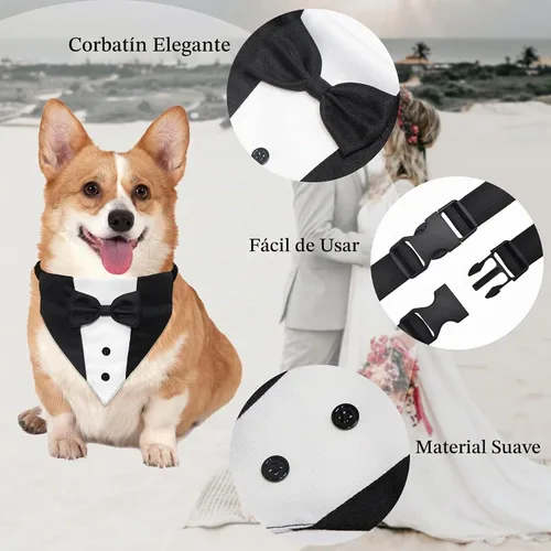 Vista 3 de GOYOSWA Traje de esmoquin para perro, collar bandana de boda con corbatín, esmoquin formal ajustable para perro, esmoquin de cumpleaños