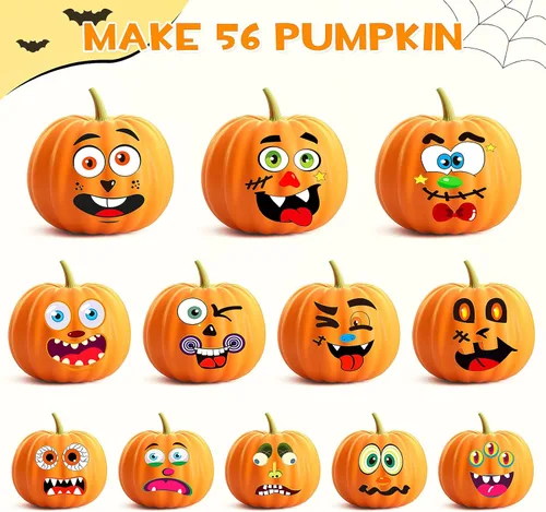 Vista 3 de Calcomanías decorativas de calabaza de Halloween, 26 hojas, 56 calcomanías faciales en total, kit de manualidades de pintura de calabaza, decoración