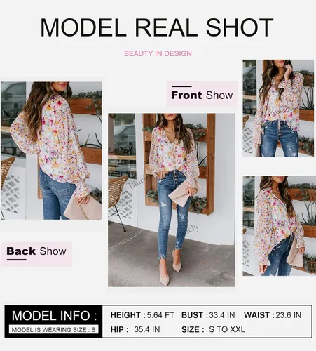Vista 3 de Biucly - Camisas sueltas con cuello en V con estampado floral y manga larga para mujer, estilo bohemio