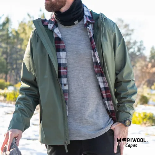 Vista 3 de MERIWOOL Capa base para hombre, 100% lana merina, peso medio, manga larga, camisa térmica Verde militar