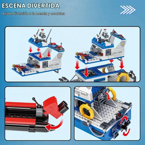 Vista 3 de Conjuntos de bloques de construcción City Boat STEM, juegos de barco de policía y barco, kit de construcción de juguetes de botes de rescate