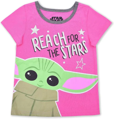 Vista 2 de STAR WARS Baby Yoda - Conjunto de camiseta y pantalones cortos para niñas pequeñas y pequeñas, color rosagris