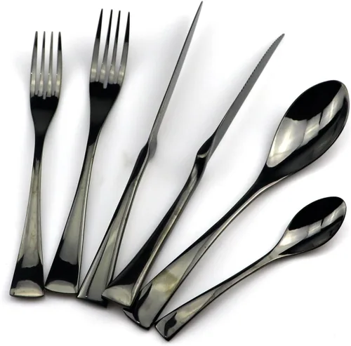 Vista 2 de JASHII Juego de cubiertos de acero inoxidable 18/10 de 24 piezas, color negro pulido con espejo, cuchillo para carne, tenedor de ensalada, cuchara