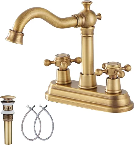 Vista 13 de Grifo de Baño GGStudy de Latón Antiguo de 2 Manijas de 4 Pulgadas Grifo Central de Tocador de Baño con Conjunto de Drenaje y Manguera de Suministro